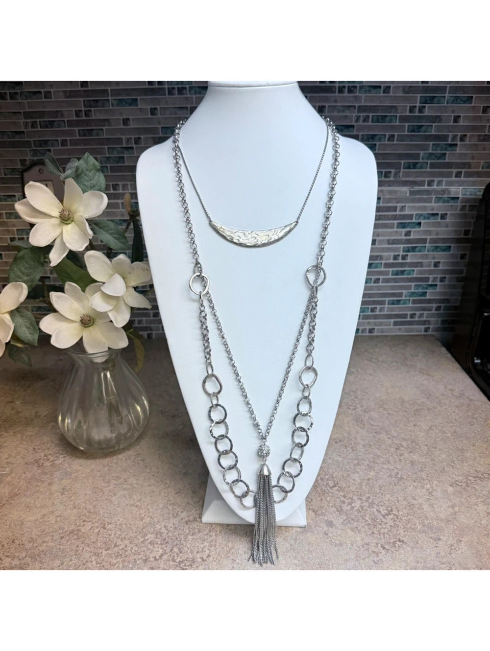 Chico's Silver Tone Layered Statement Necklace